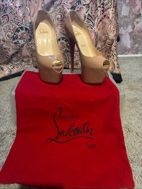 Christian Louboutin Beige Patent Peep-Toe Platform Pumps